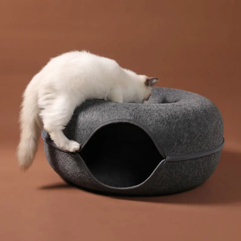 Donut Cat Bed – 2-in-1 Felt Cat House & Tunnel Play Bed