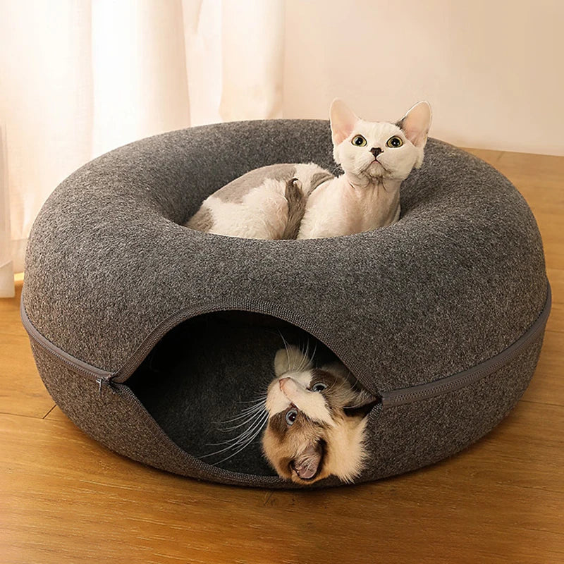 Donut Cat Bed – 2-in-1 Felt Cat House & Tunnel Play Bed